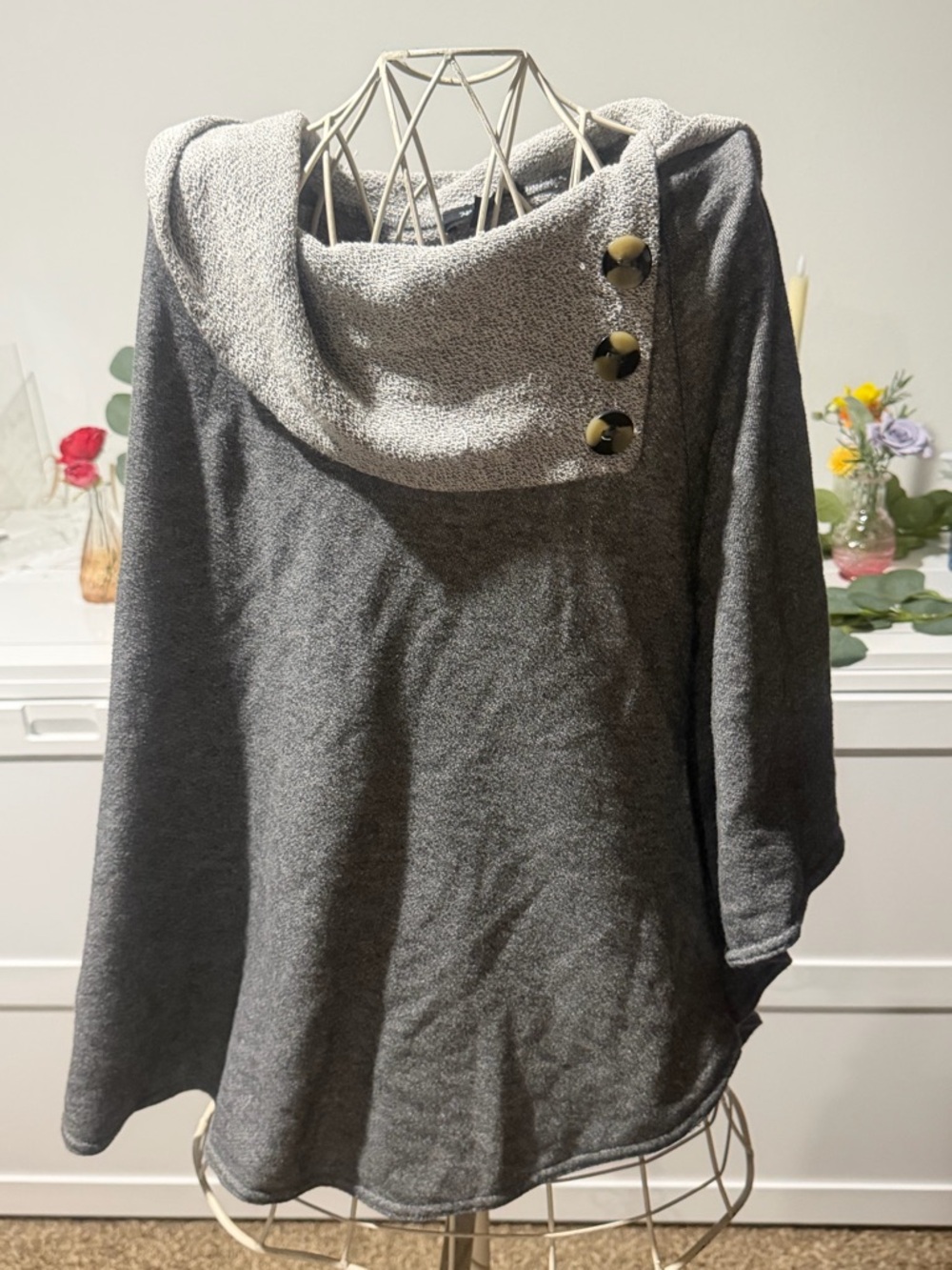 AB Studio Two-Tone Gray Cowl Neck Pullover with Button Detail